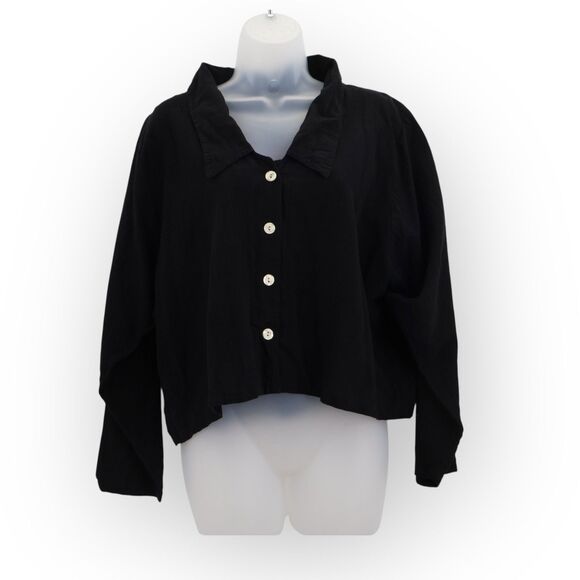 B'GAUZE Boxy Crop Top Lagenlook Cotton One Size 1 Small Black Button Down - Picture 2 of 6